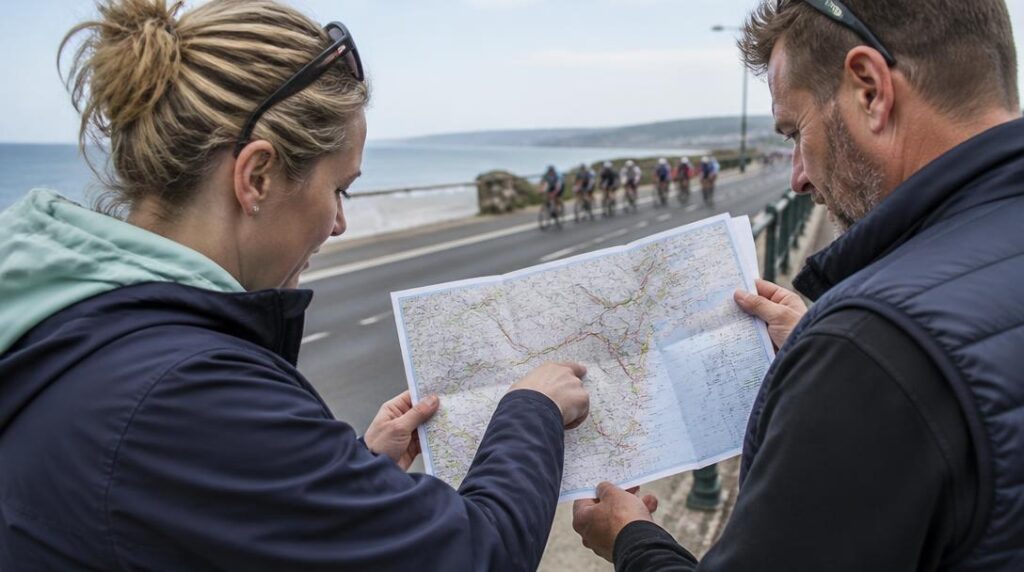 Accompagnateurs repérant les points de passage du triathlon