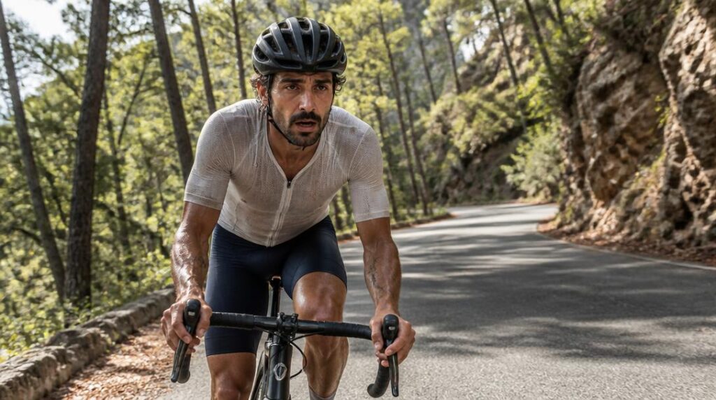 Cycliste sur une pente soutenue en forêt