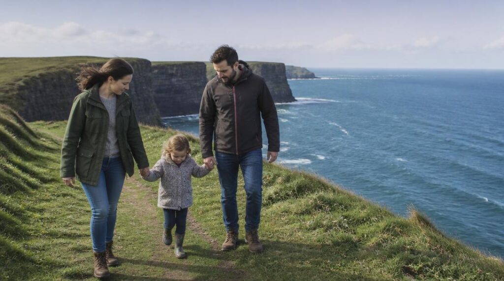 Famille sur sentier côtier près des falaises