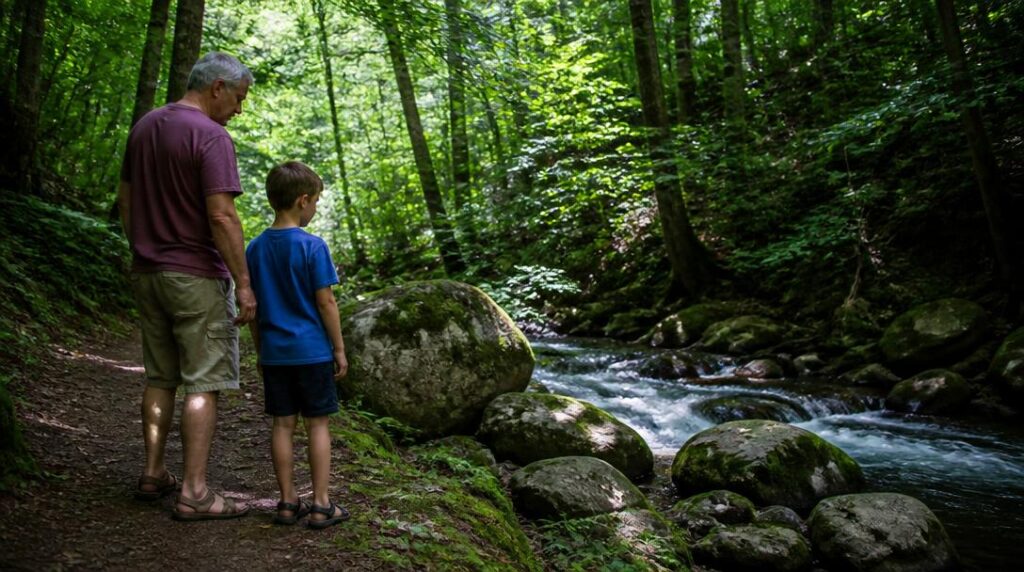 Balade familiale le long d'une rivière boisée