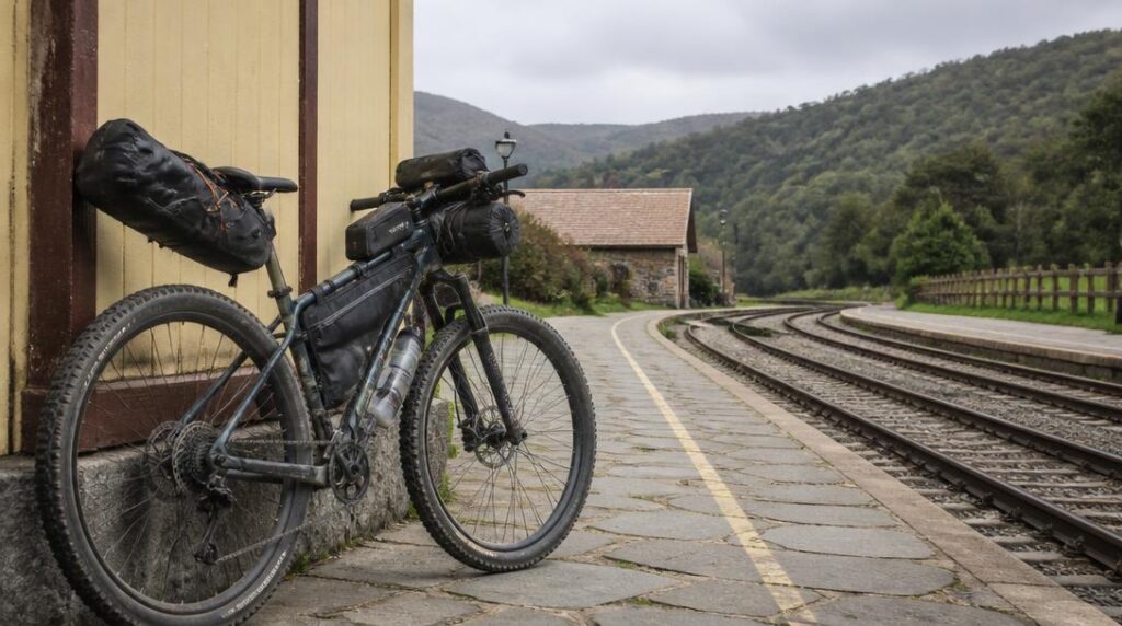 Bikepacking Jura avec VTT chargé près d’une gare rurale