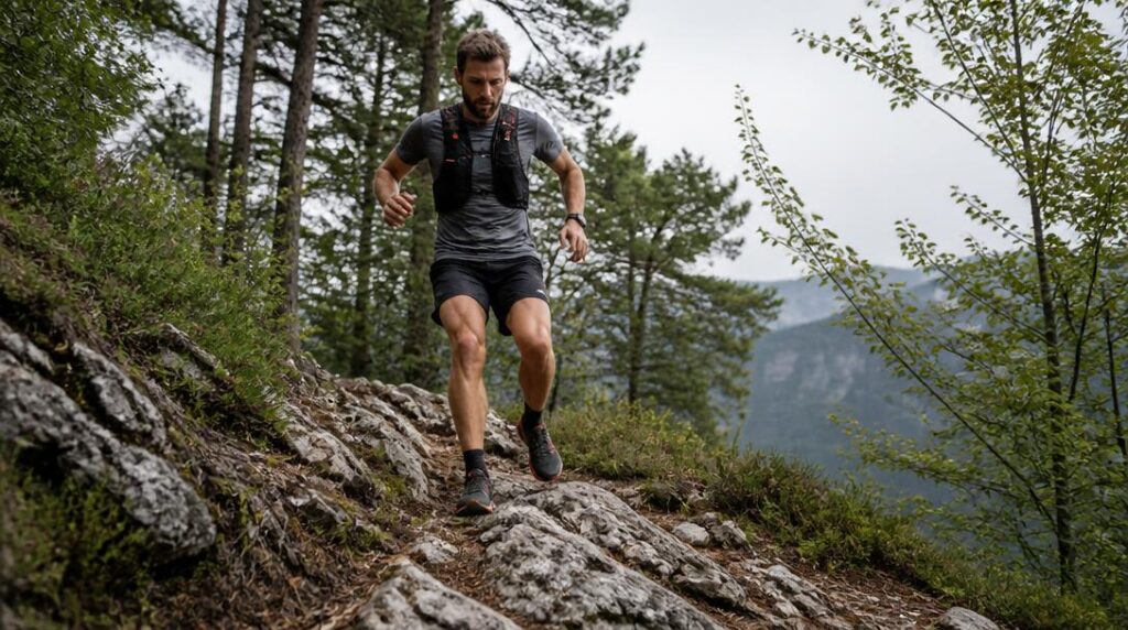 Coureur en descente technique sur trail long