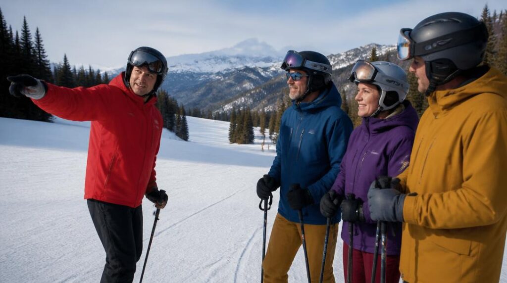 Moniteur conseillant un groupe de niveau ski