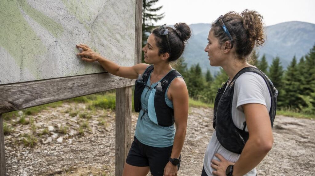 Coureurs comparant distance et dénivelé avant un trail