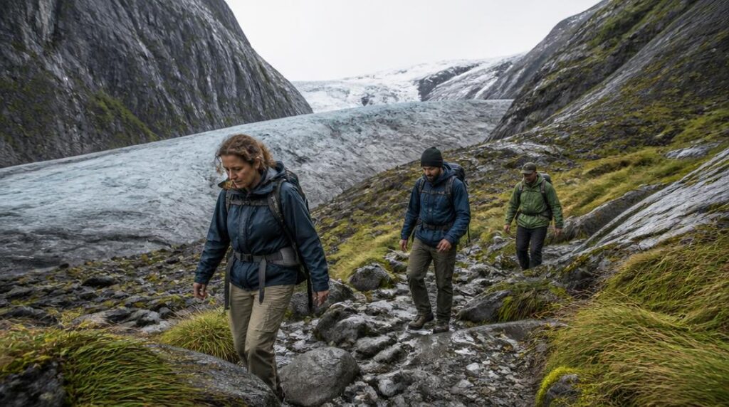Randonneurs sur un circuit W près d'un glacier