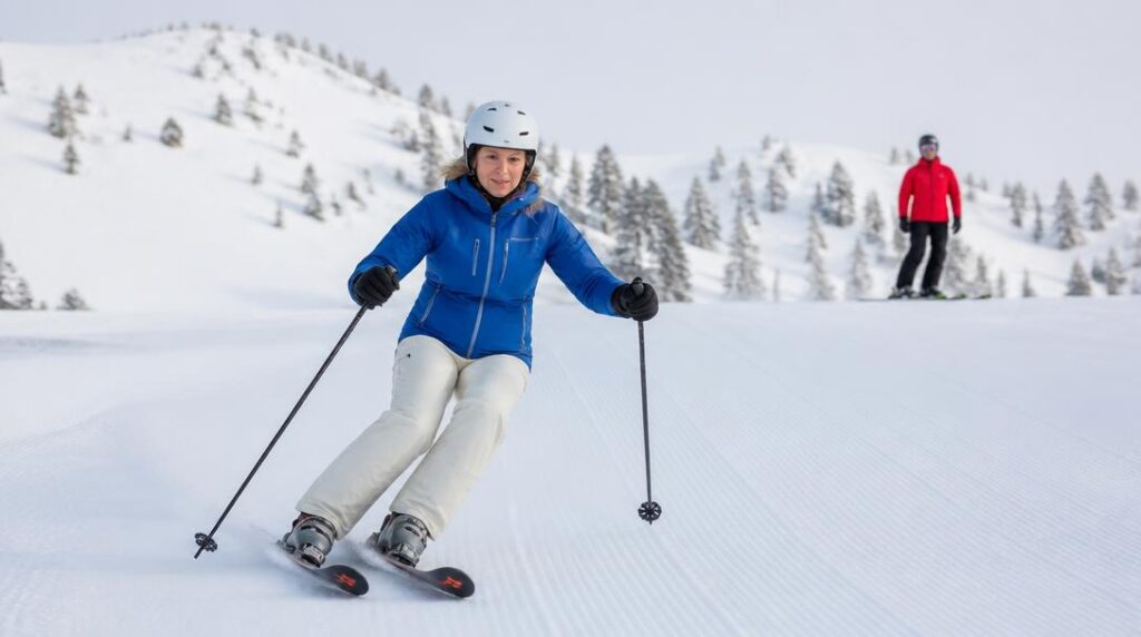 Skieur intermédiaire en virage skis parallèles