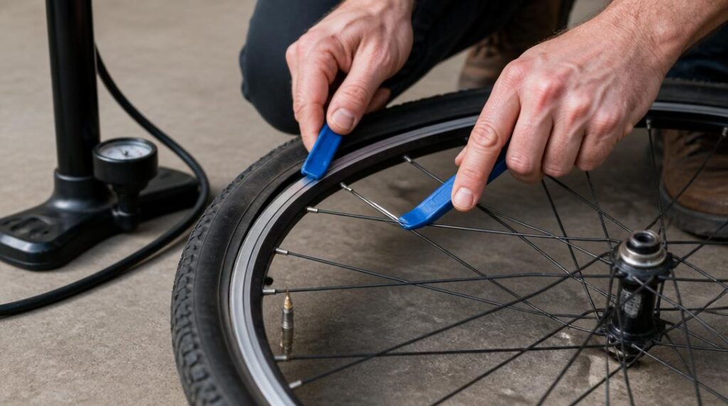 Démonte-pneus vélo près d'une valve Presta