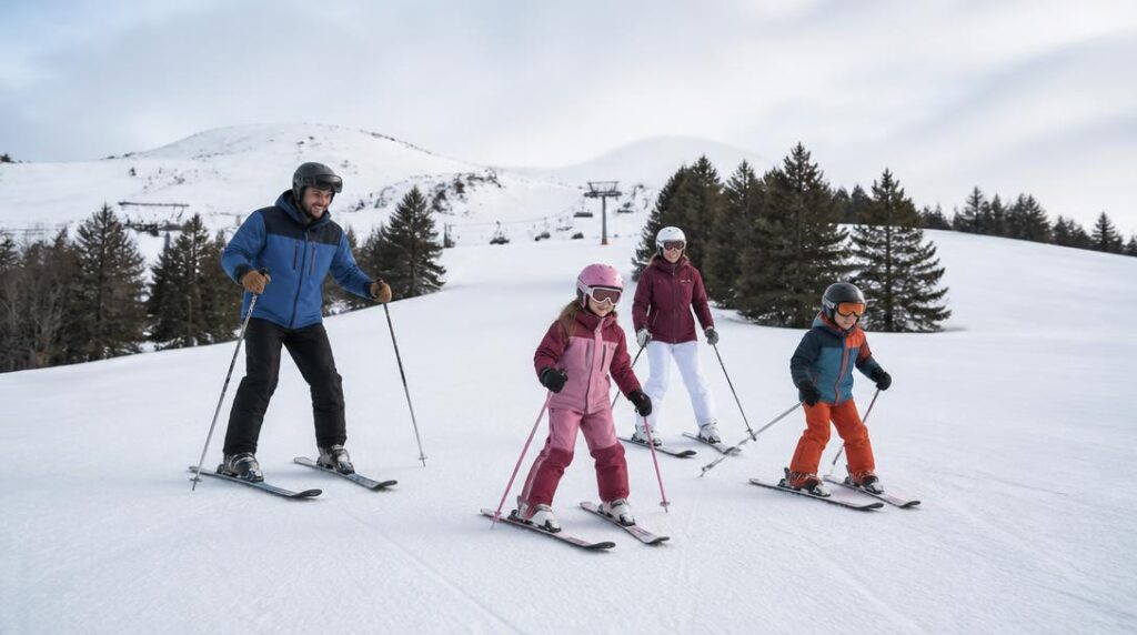 Famille sur une piste de ski alpin accessible