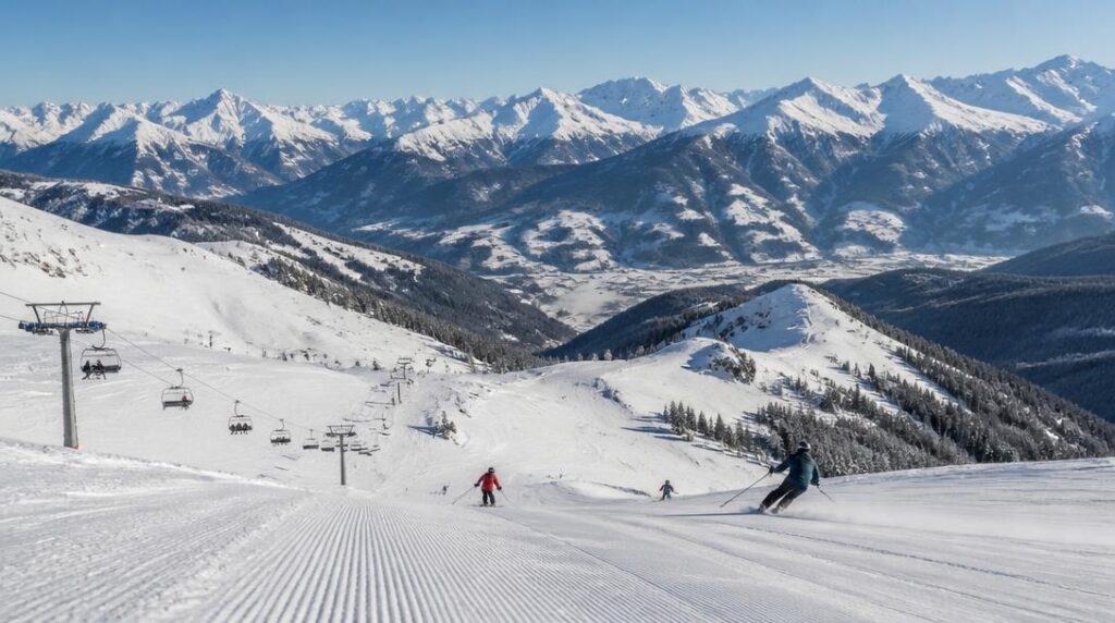 Domaine relié skis aux pieds et longues pistes