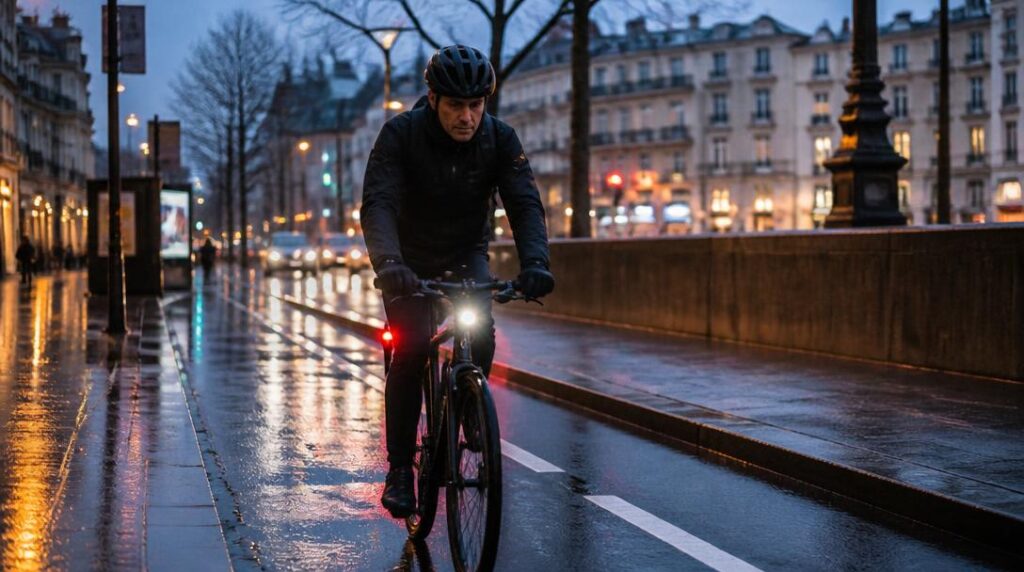 Éclairage vélo avant et arrière sous la pluie