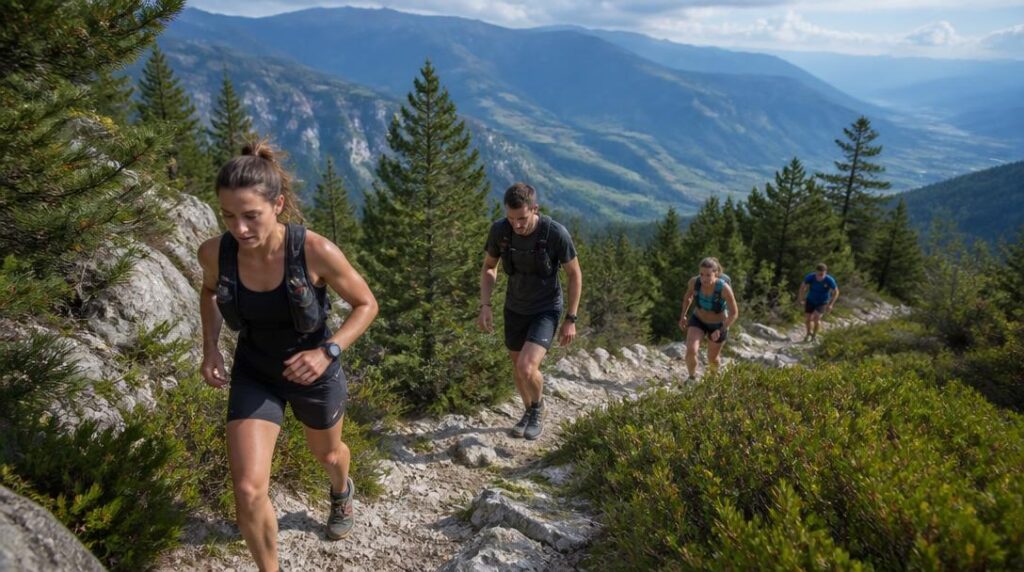 Coureurs sur un trail de montagne aux profils variés