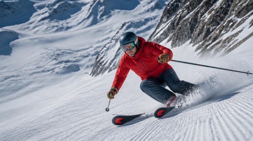 Skieur sur une piste raide près du glacier