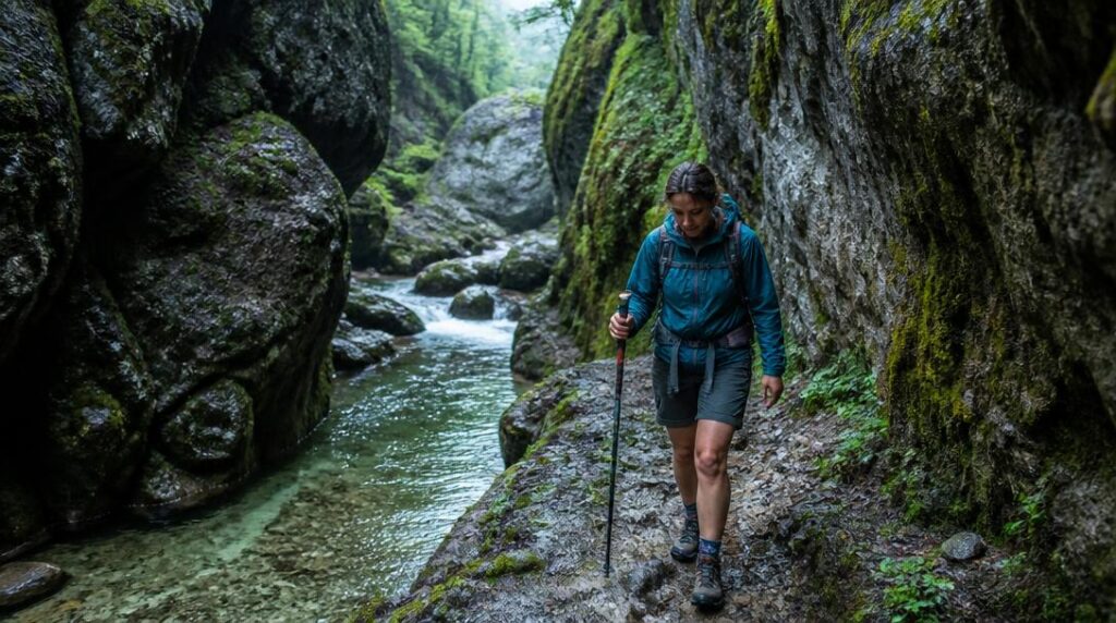 Sentier humide dans des gorges calcaires boisées