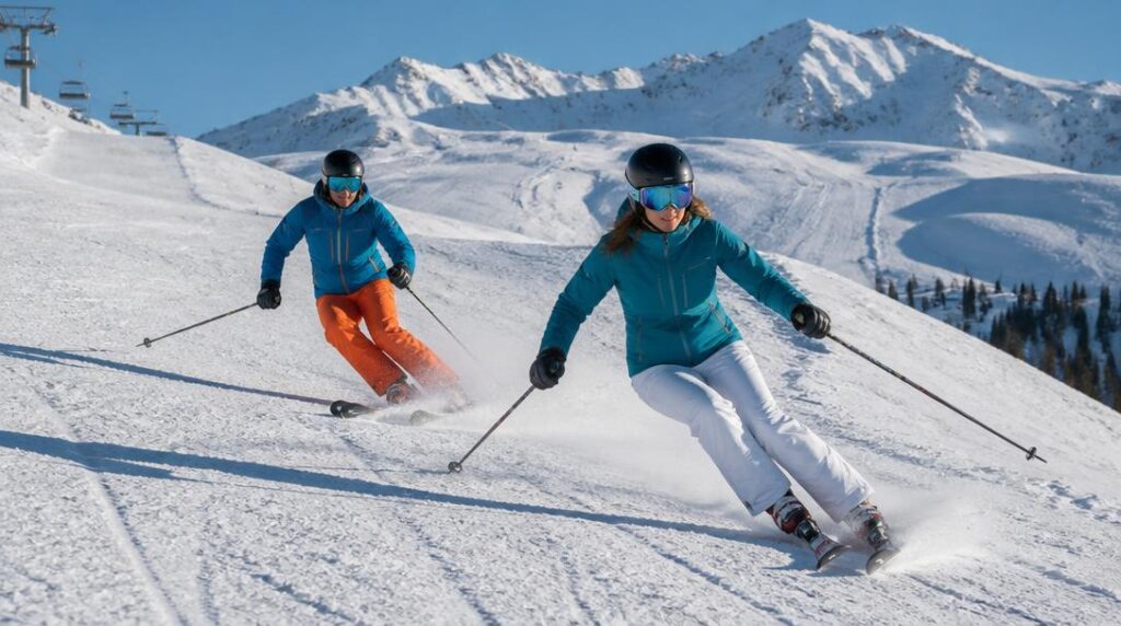Skieurs sur un grand domaine skiable près de Lyon
