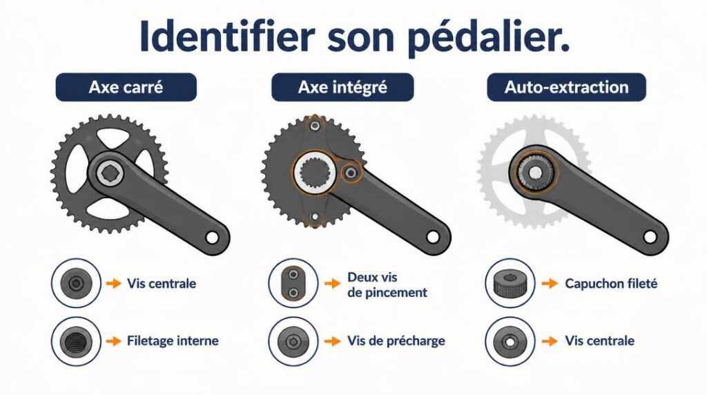 Schéma des types de pédalier et manivelles