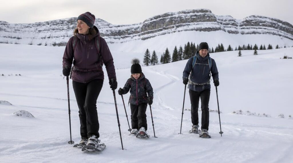 Famille en raquettes dans un paysage enneigé du Vercors
