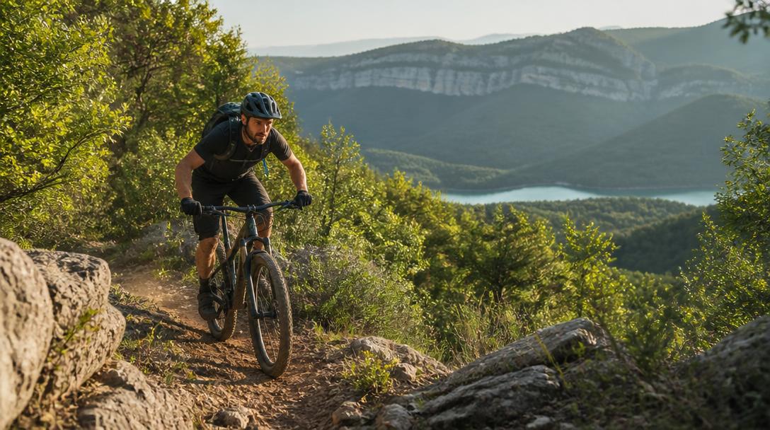 Jura en VTT sur sentier forestier près d’un lac