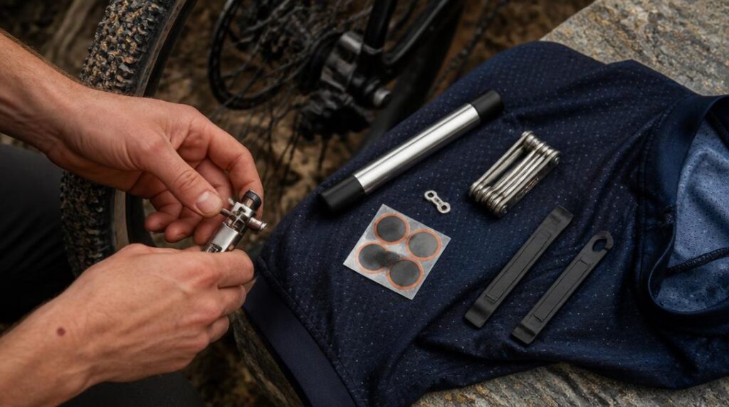 Kit réparation vélo avec pompe et démonte-pneus