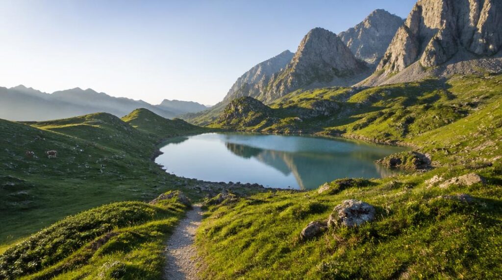 Lac de montagne et alpages pour randonnée