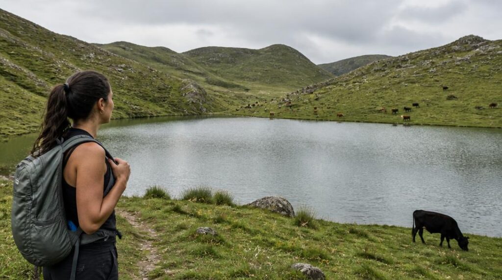 Lac de montagne et pâturages verdoyants