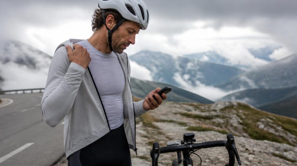 Cycliste vérifiant la météo avant une ascension