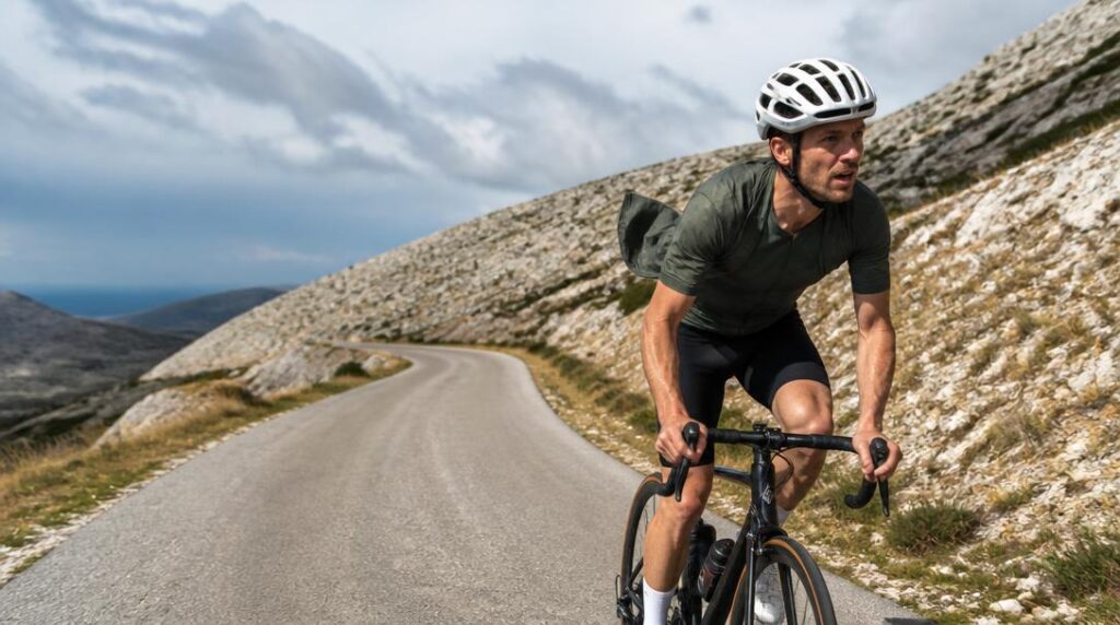 Cycliste face au vent sur route de montagne