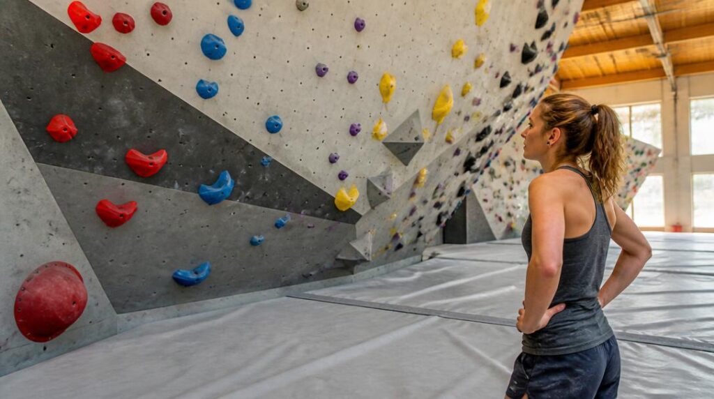 Mur de bloc avec prises colorées et tapis