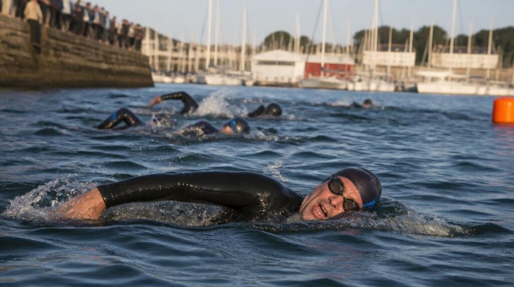 Triathlètes sur le parcours natation en eau libre