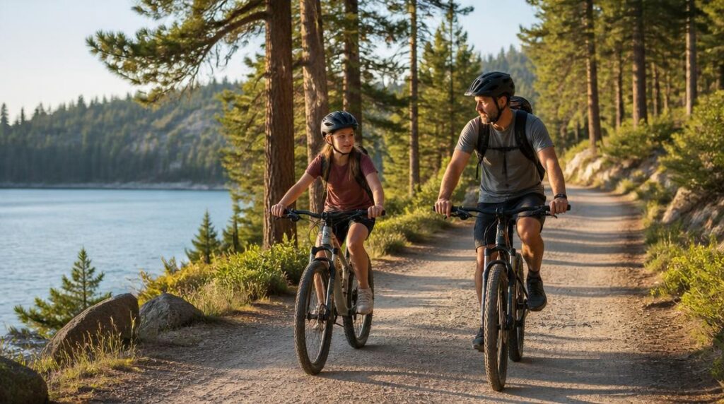 Parcours VTT famille sur chemin forestier au bord d’un lac