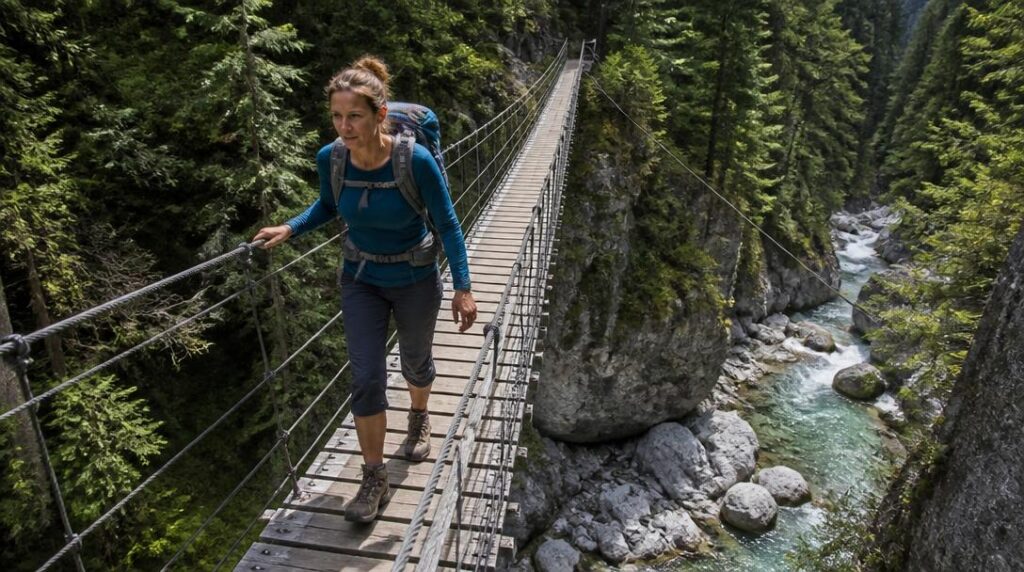 Passerelle suspendue au-dessus de gorges boisées