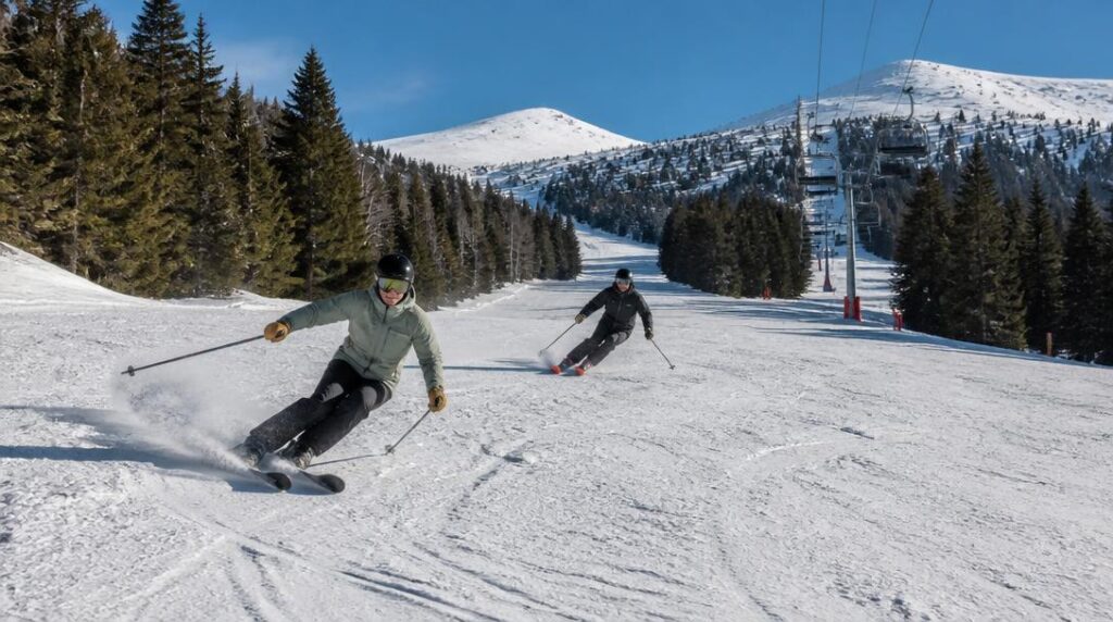 Skieurs intermédiaires sur pistes de ski alpin