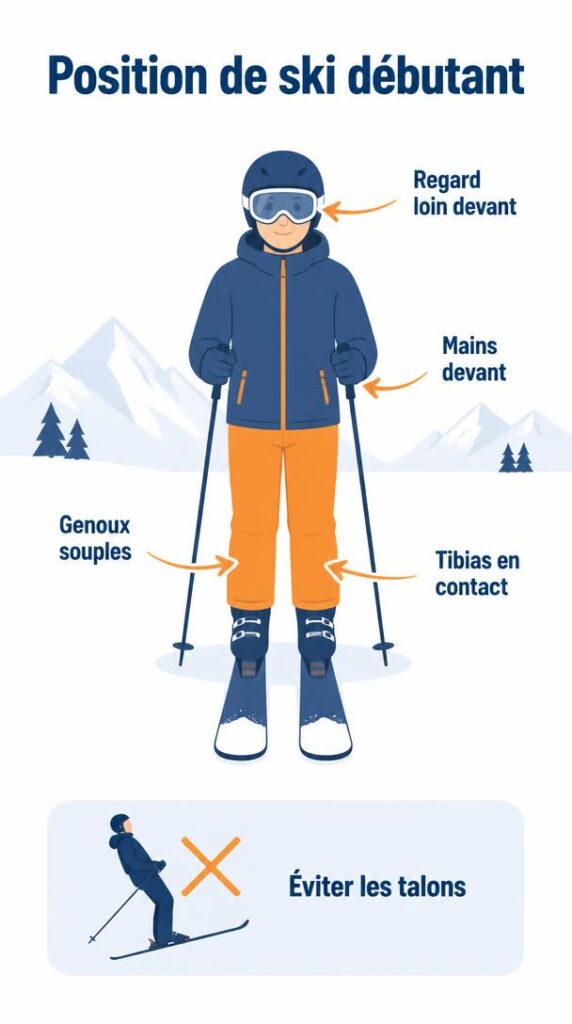 Position de ski débutant avec genoux souples