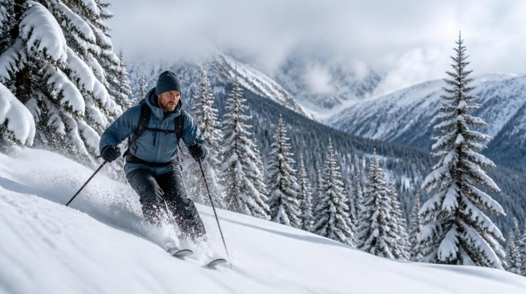 Skieur dans une poudreuse japonaise légère en forêt