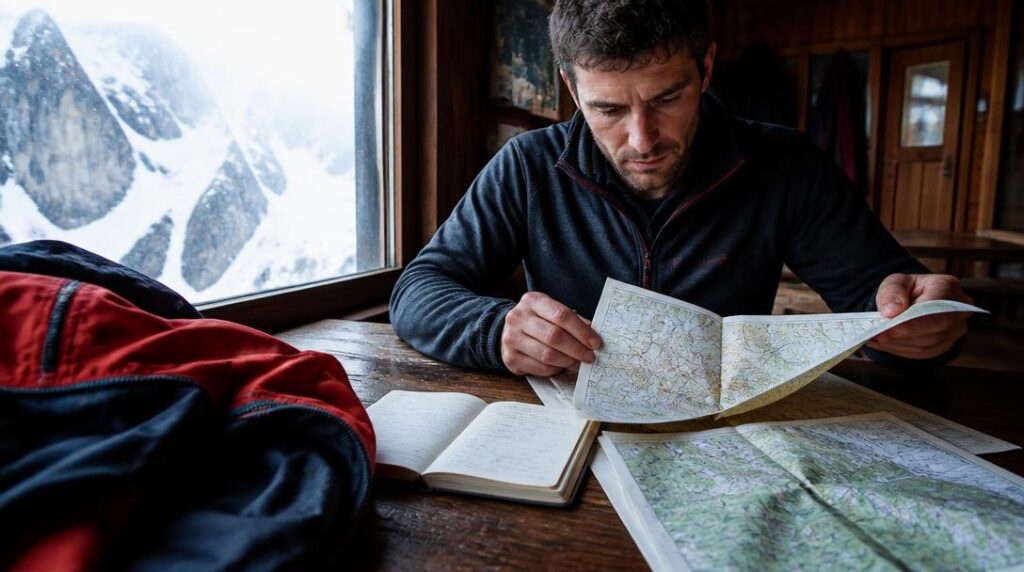 Préparation logistique d'un trek avec carte et refuge