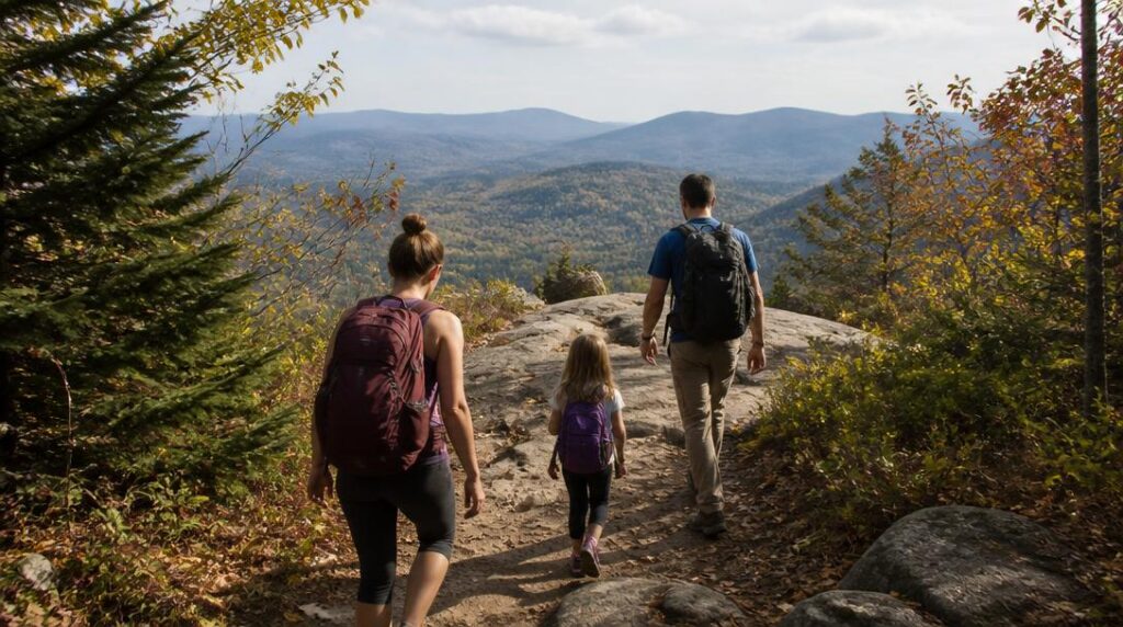 Randonnée famille sur sentier forestier panoramique
