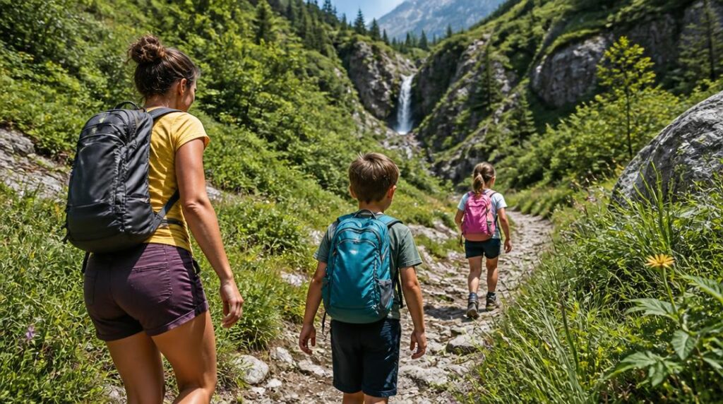 Randonnée avec enfants vers une cascade de montagne