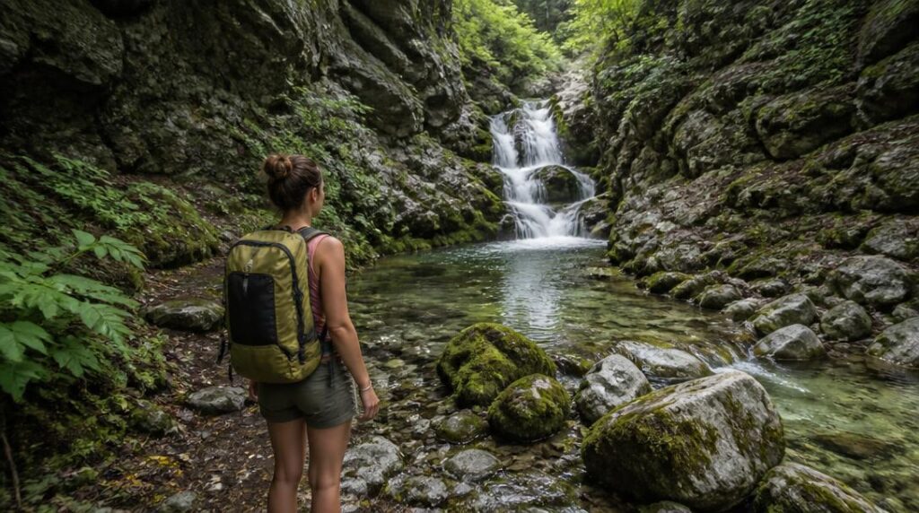 Cascade et gorges ombragées sur sentier de randonnée