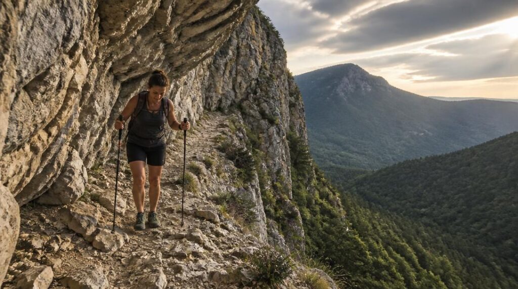 Sentier technique de randonnée sous falaises calcaires