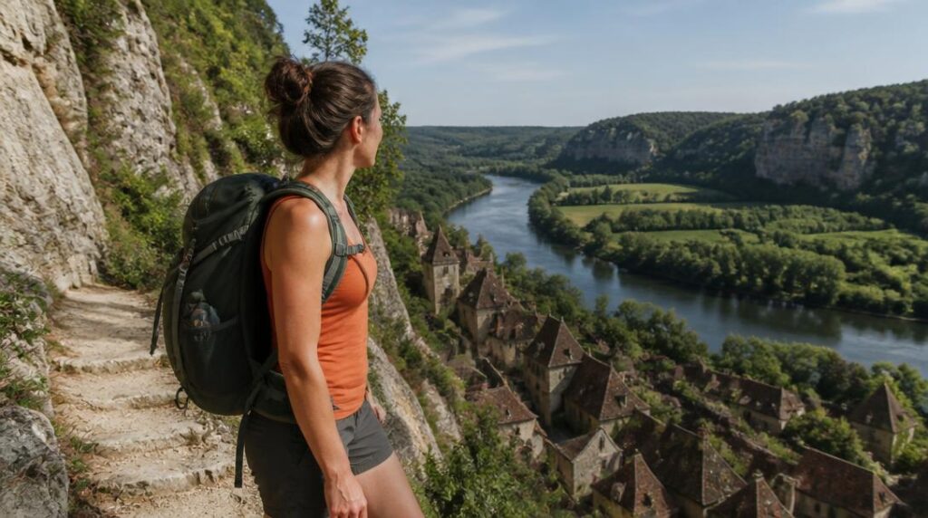 Randonnée panoramique sur falaises au-dessus de la vallée