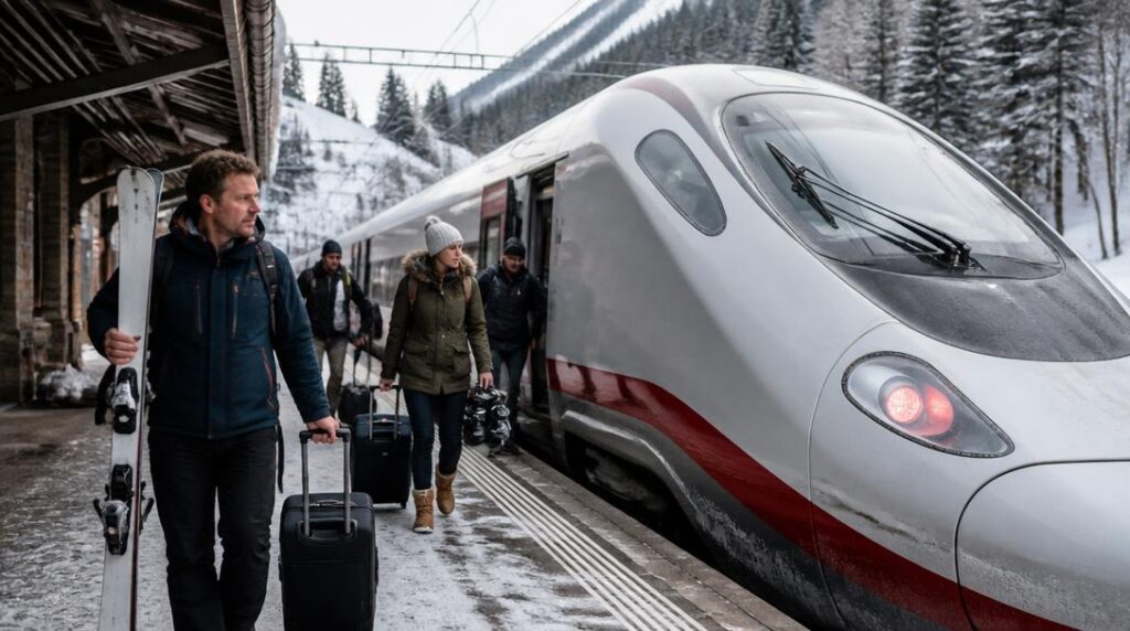 Shinkansen arrivant près d'une station de ski