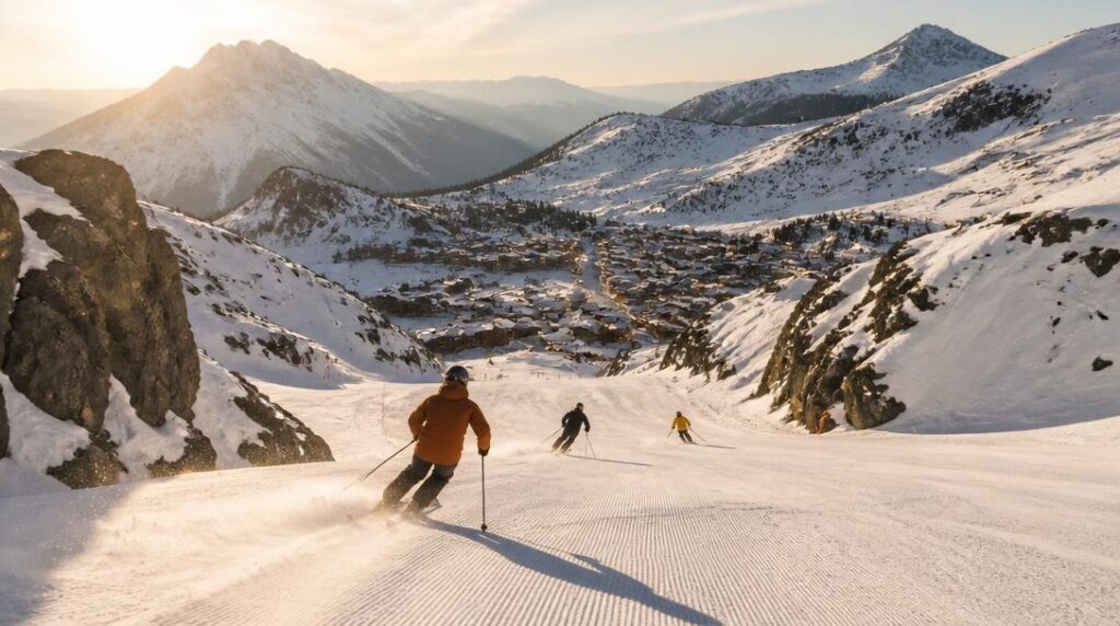 Skieurs sur pistes dans un relief volcanique enneigé