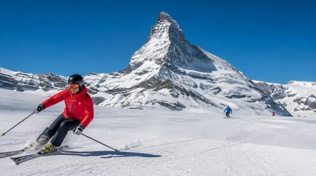 Ski d’altitude avec panorama de sommet alpin