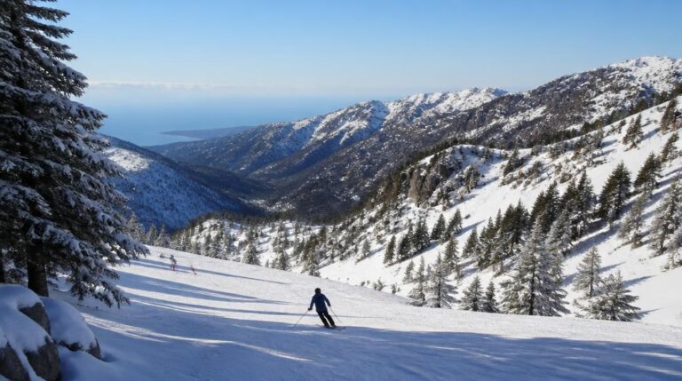 Ski en Corse sur pistes enneigées face aux montagnes
