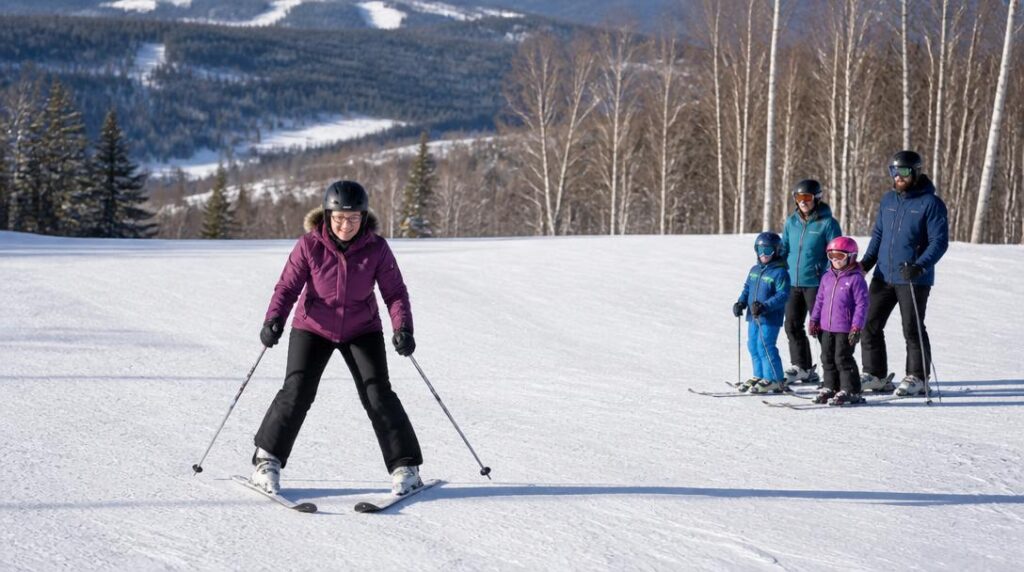 Débutant apprenant le ski sur une piste calme