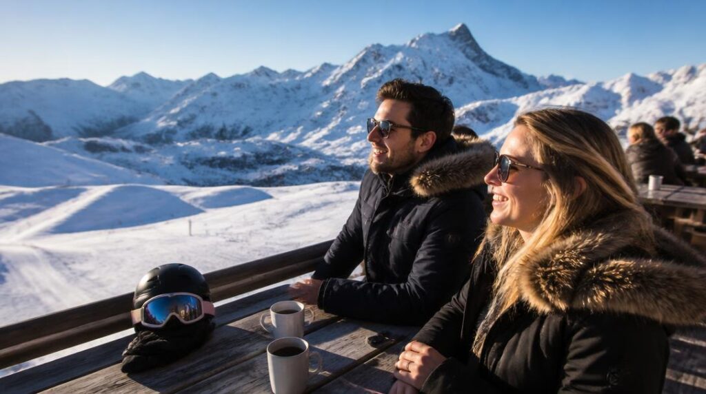 Terrasse ensoleillée au-dessus des pistes alpines