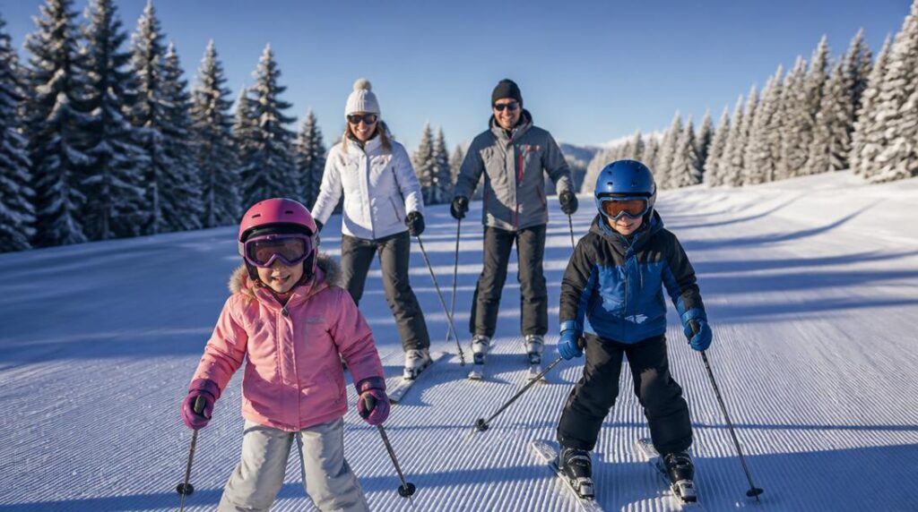 Famille sur pistes bleues bordées de sapins