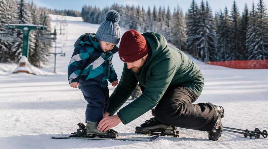 Enfant et parent sur une piste de ski familiale