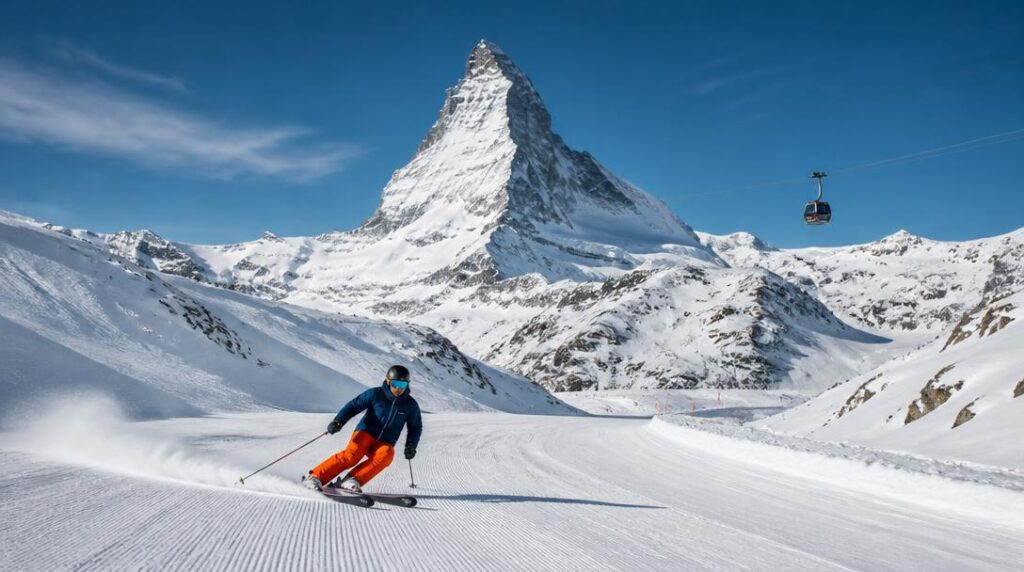 Skieur sur piste de haute montagne enneigée
