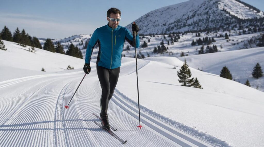 Skieur sur piste de ski nordique enneigée