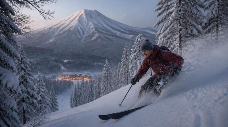Skieur dans la poudreuse pour skier au Japon